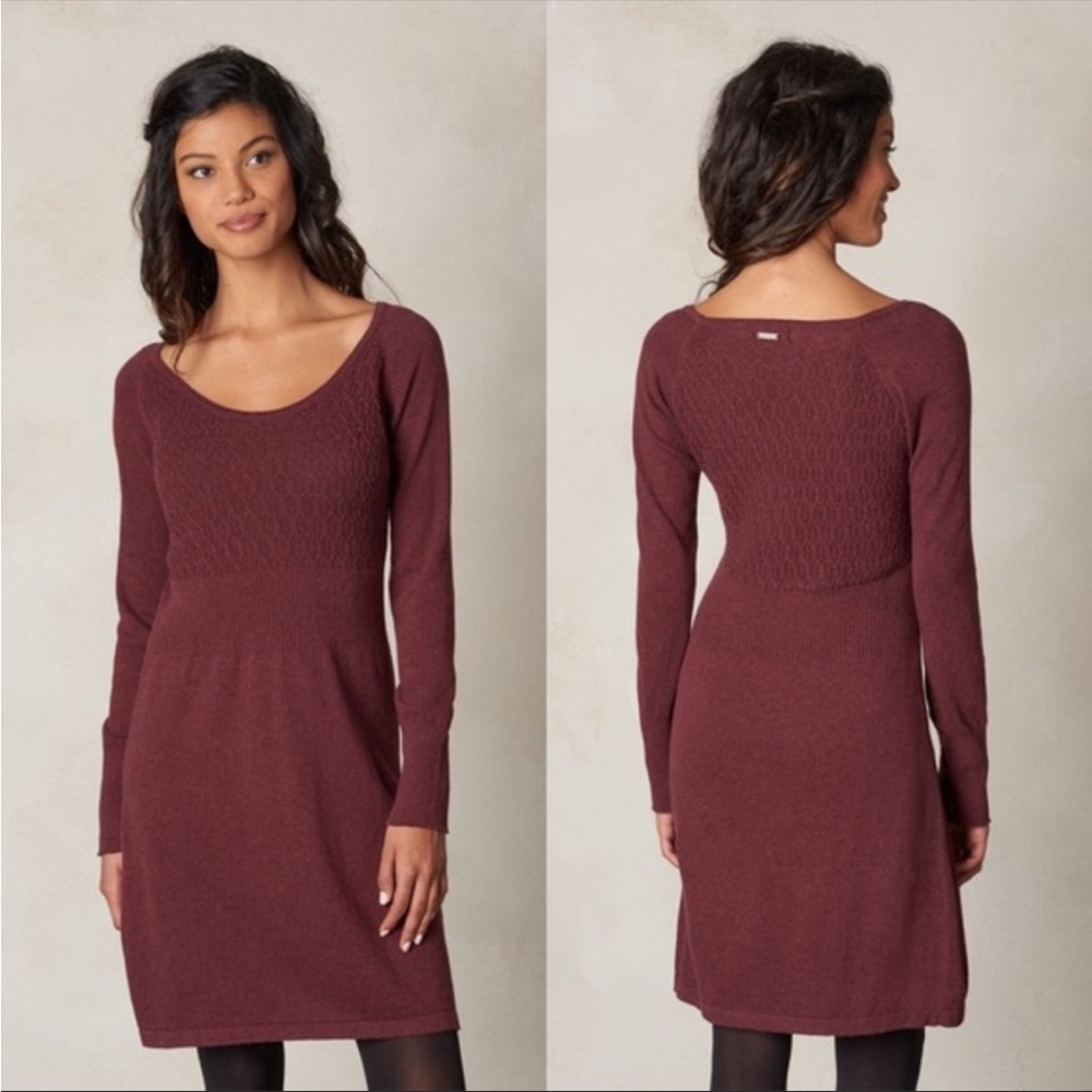 PrAna Zora organic cotton Burgundy Wine Cable Knit sweater knit Dress maroon M